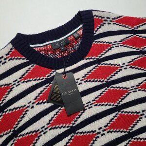 New Ted Baker Wool Blend Sweater Glenfer Jacquard Argyle Crewneck Sz 6 XL-2XL
